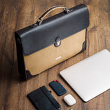 The Motivator canvas briefcase in khaki beige, packed for the working day.