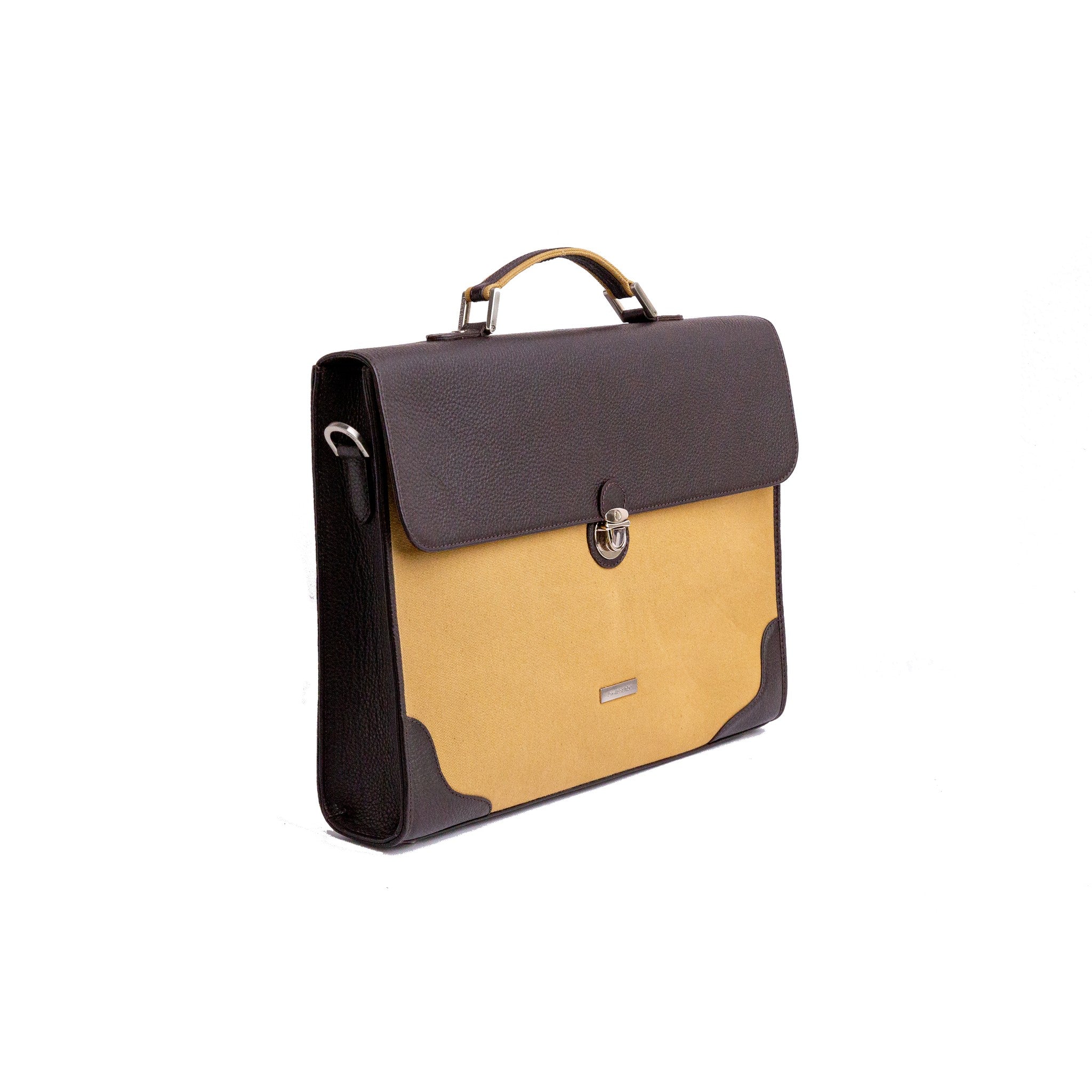 The Motivator khaki beige canvas briefcase, full form with shoulder strap.