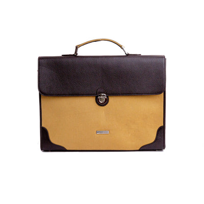 The Motivator canvas and Spanish leather briefcase in khaki beige, front view.