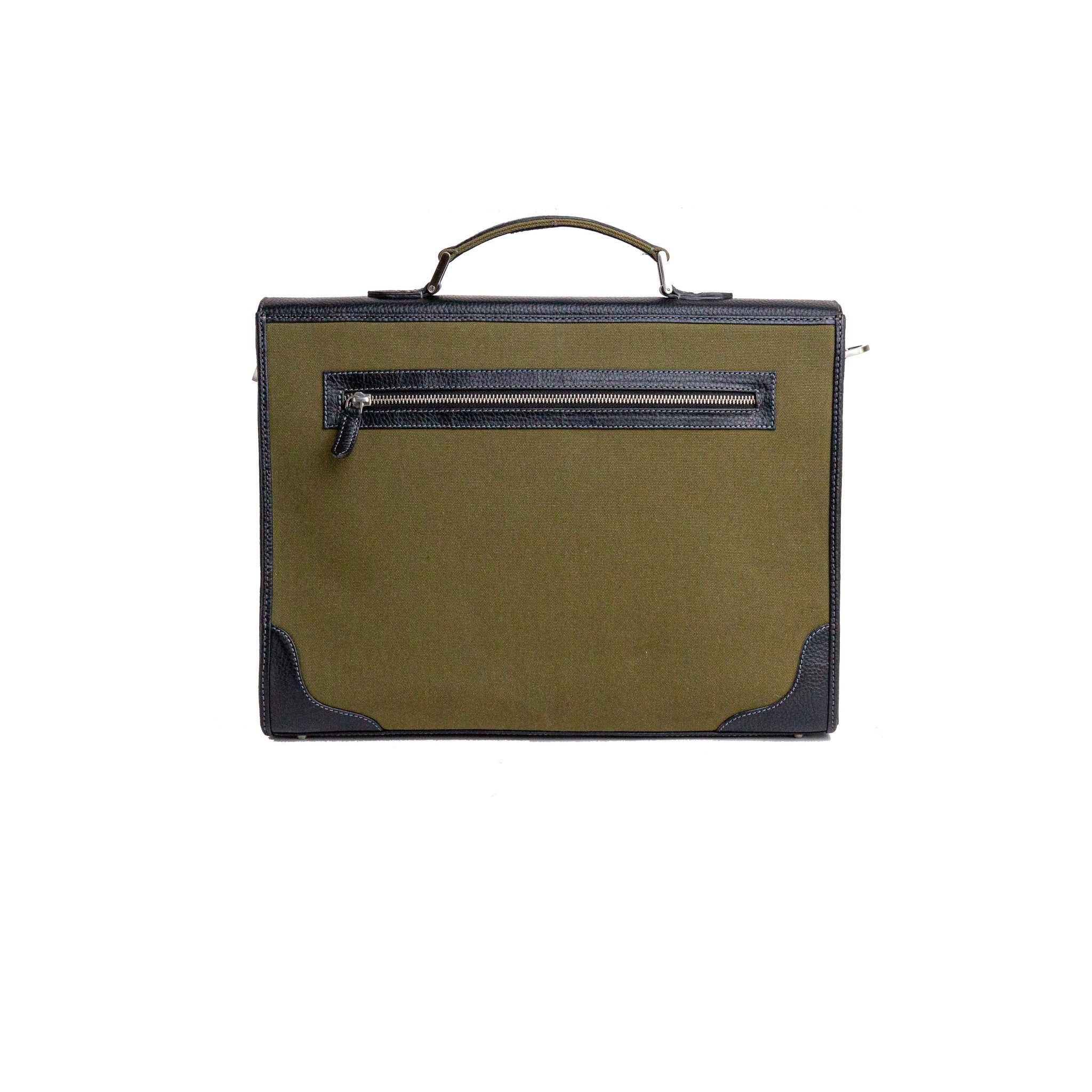 The back of The Motivator canvas and leather briefcase in khaki green.