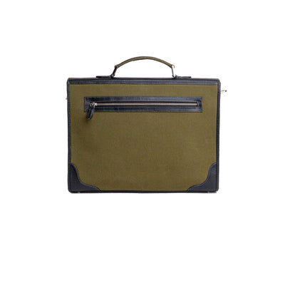The back of The Motivator canvas and leather briefcase in khaki green.