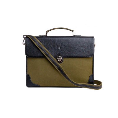 Close view of the cotton canvas and Spanish leather trim on The Motivator, khaki green.
