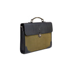 The Motivator khaki green canvas briefcase, full form with shoulder strap.
