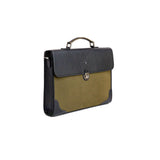 The Motivator khaki green canvas briefcase, full form with shoulder strap.