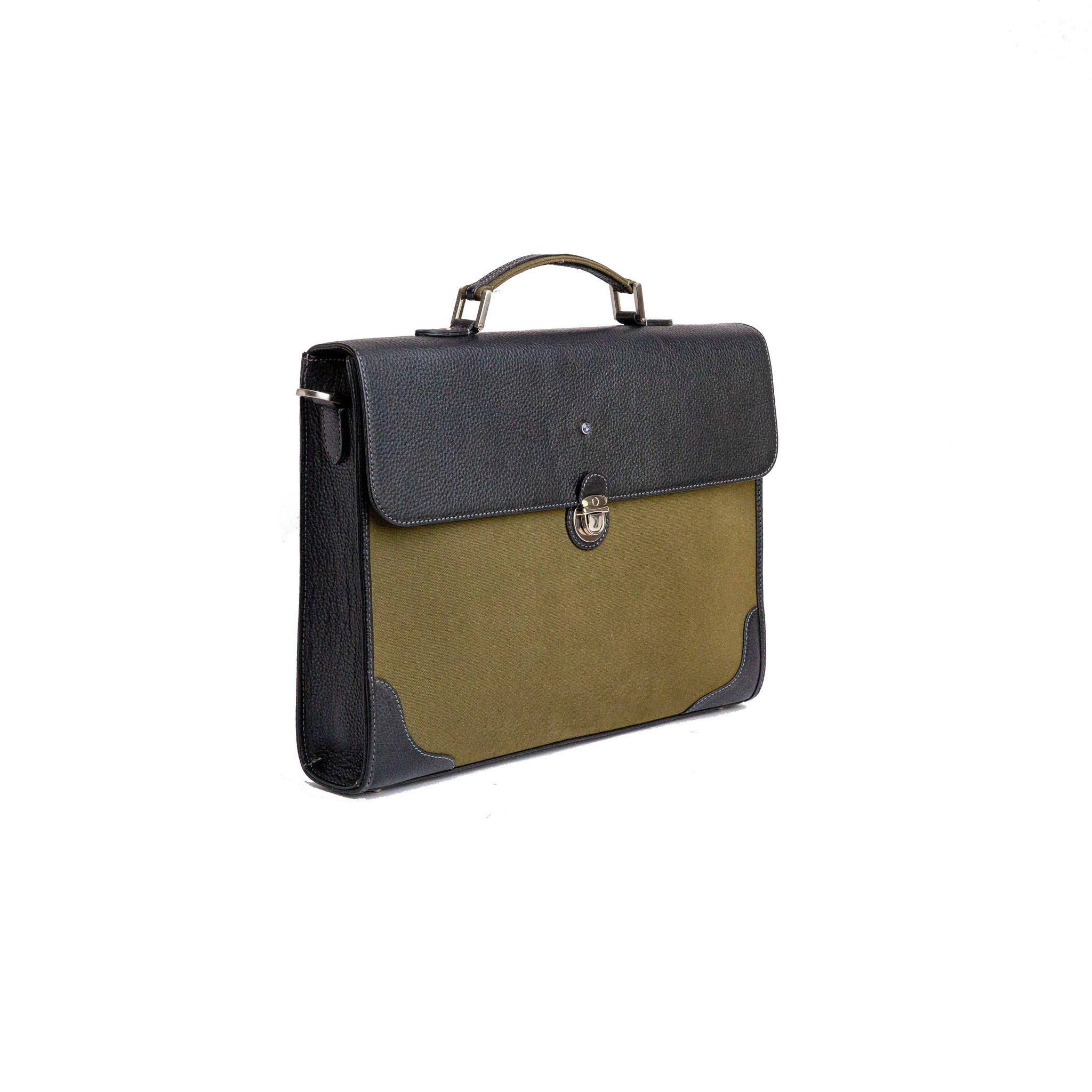 The Motivator khaki green canvas briefcase, full form with shoulder strap.
