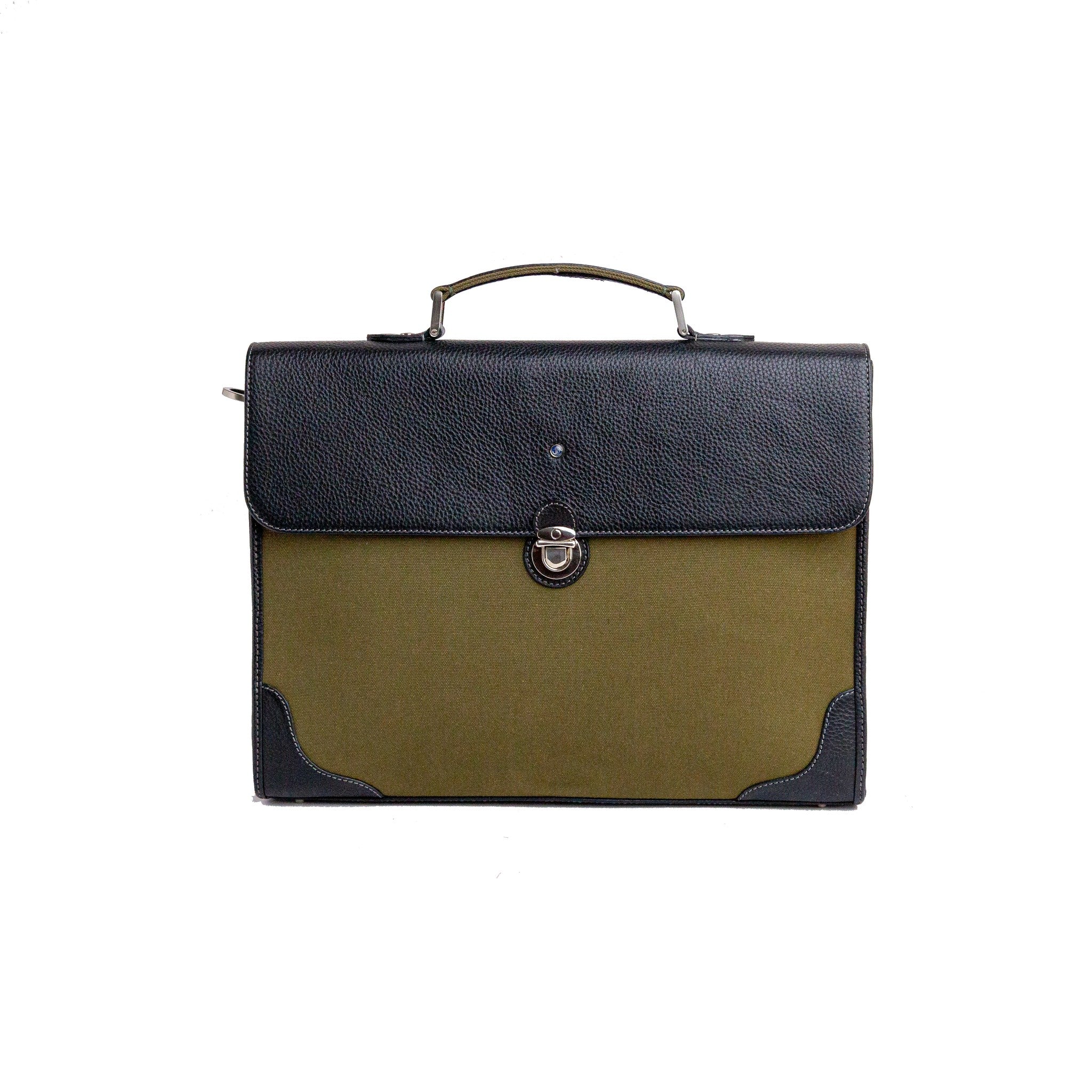 The Motivator canvas and Spanish leather briefcase in khaki green, front view.