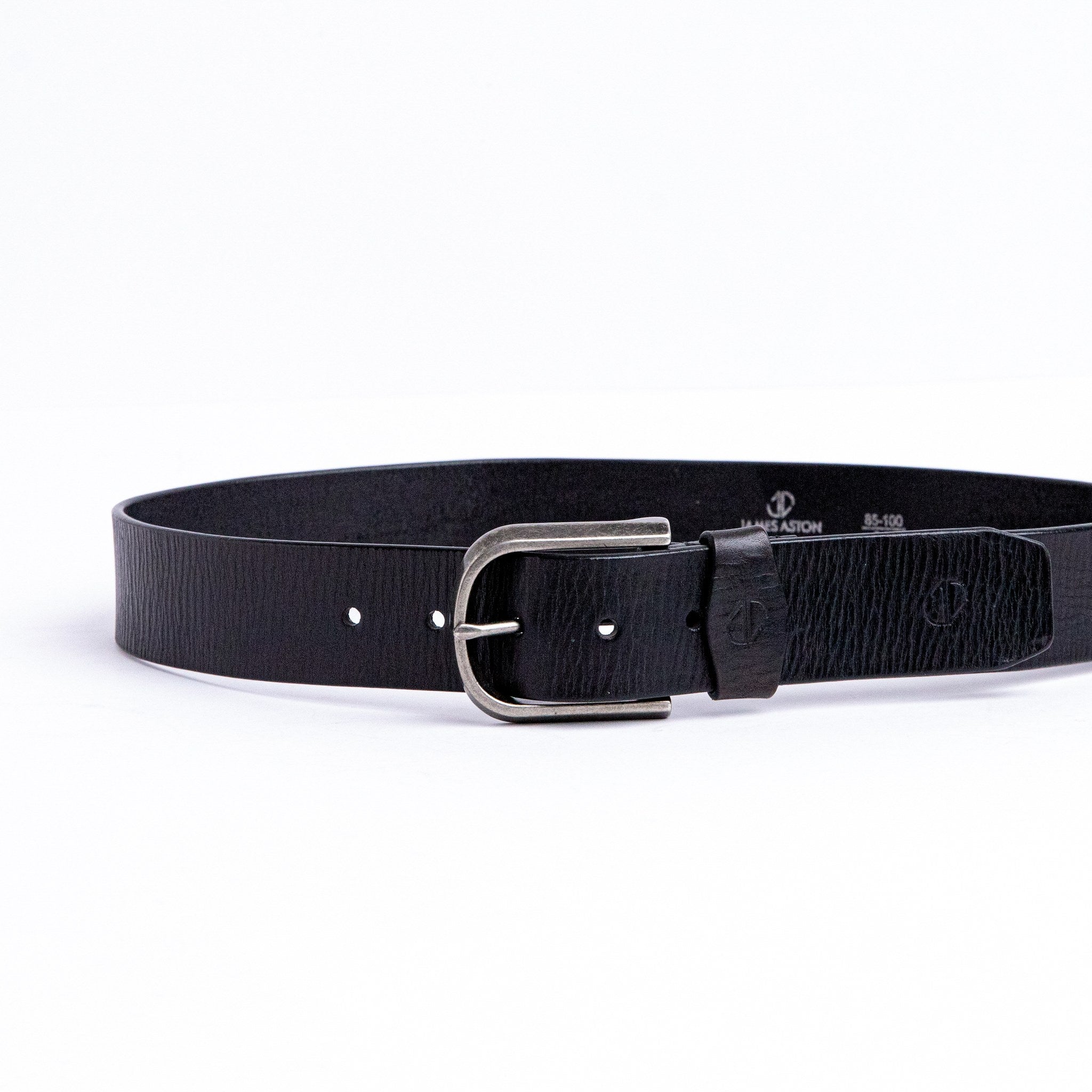 The Pedro belt in black milled leather shown at full length, with silver finish buckle