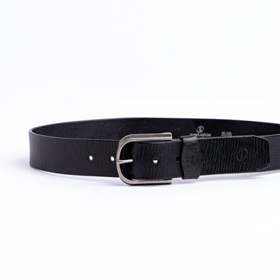 The Pedro belt in black milled leather shown at full length, with silver finish buckle