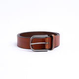 Detail of the tan Spanish full grain milled leather of the Pedro belt