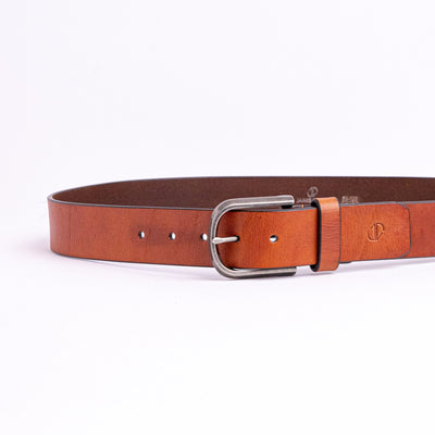 The Pedro belt in tan milled leather shown at full length, with silver finish buckle