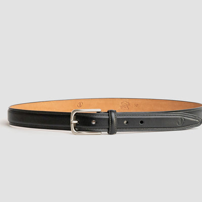 Close detail of the high raised full grain leather crown of The Ramon in black, by James Aston