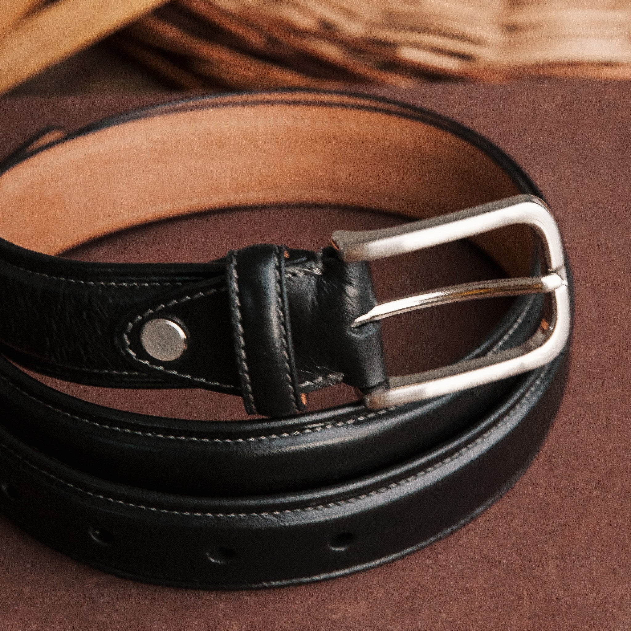 Full length of The Ramon dress belt in black Spanish full grain leather, 30mm, by James Aston