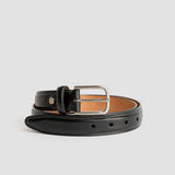 The Ramon dress belt in black Spanish full grain vegetable tanned leather with a high raised profile and brush nickel buckle, by James Aston