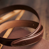 Full length of The Ramon dress belt in cognac Spanish full grain leather, 30mm, by James Aston