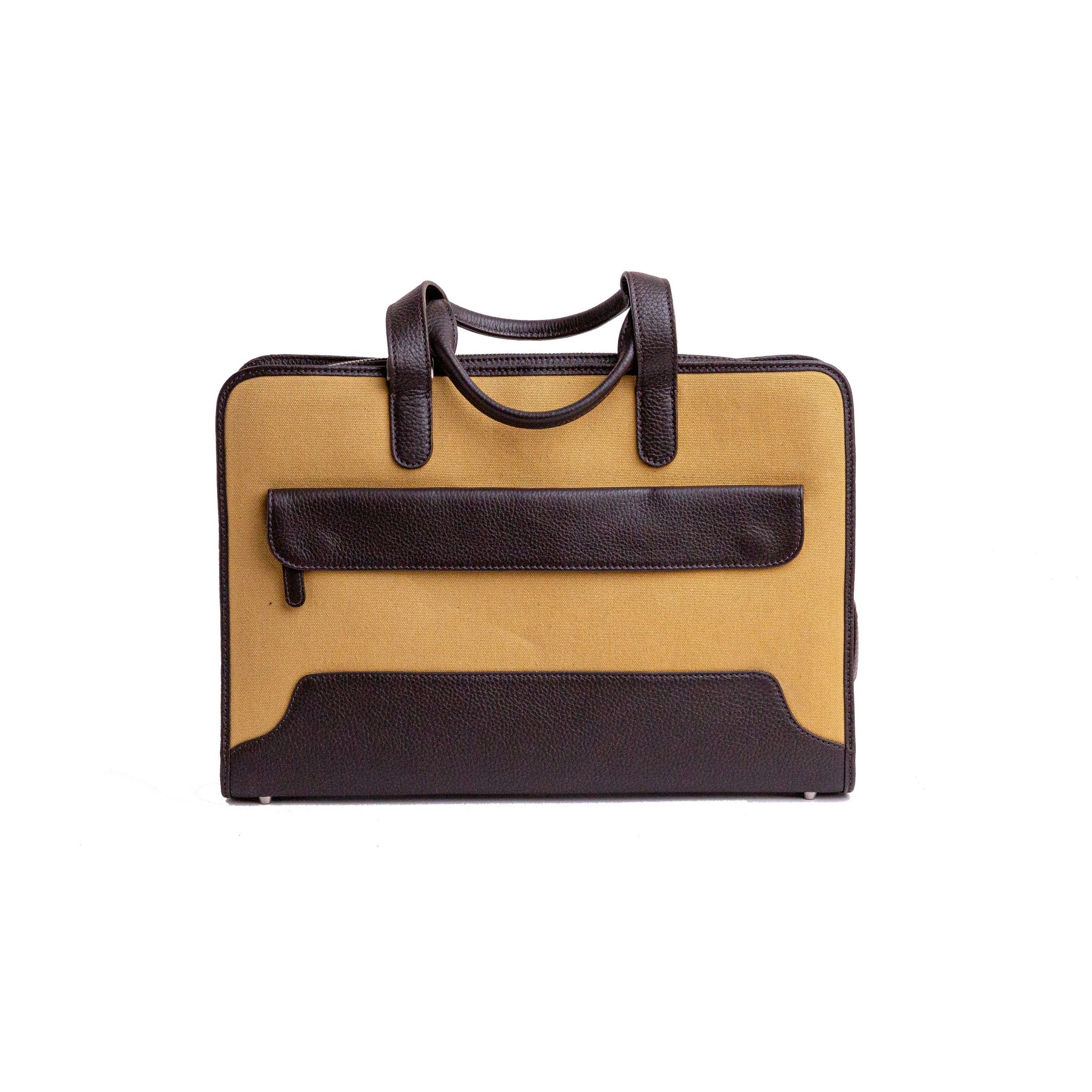 The back of The Risk-Taker khaki beige canvas and Spanish leather briefcase.