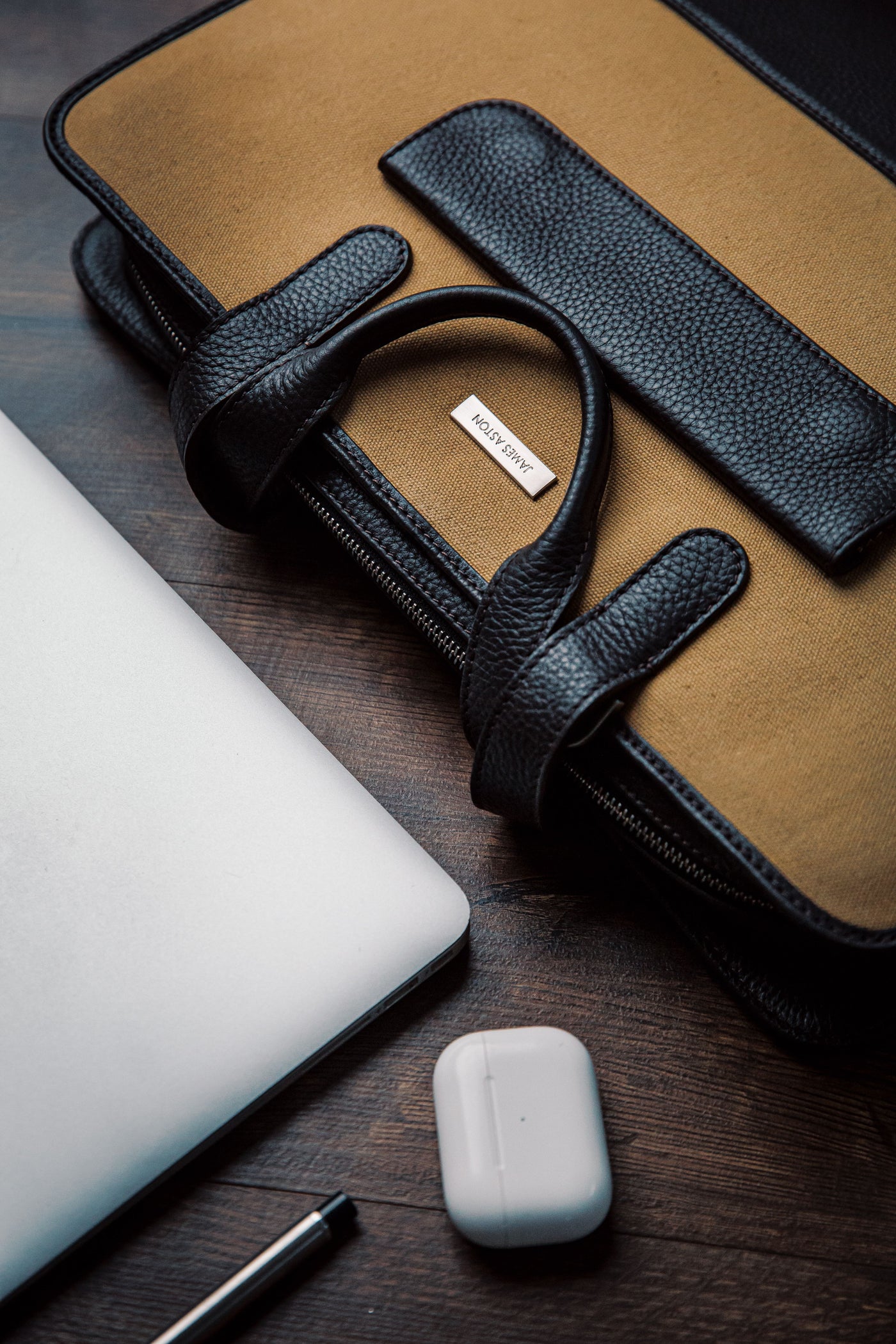 The Risk-Taker carried in khaki beige, canvas and Spanish leather.