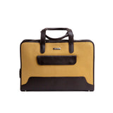 The Risk-Taker canvas and Spanish leather briefcase in khaki beige, front view.