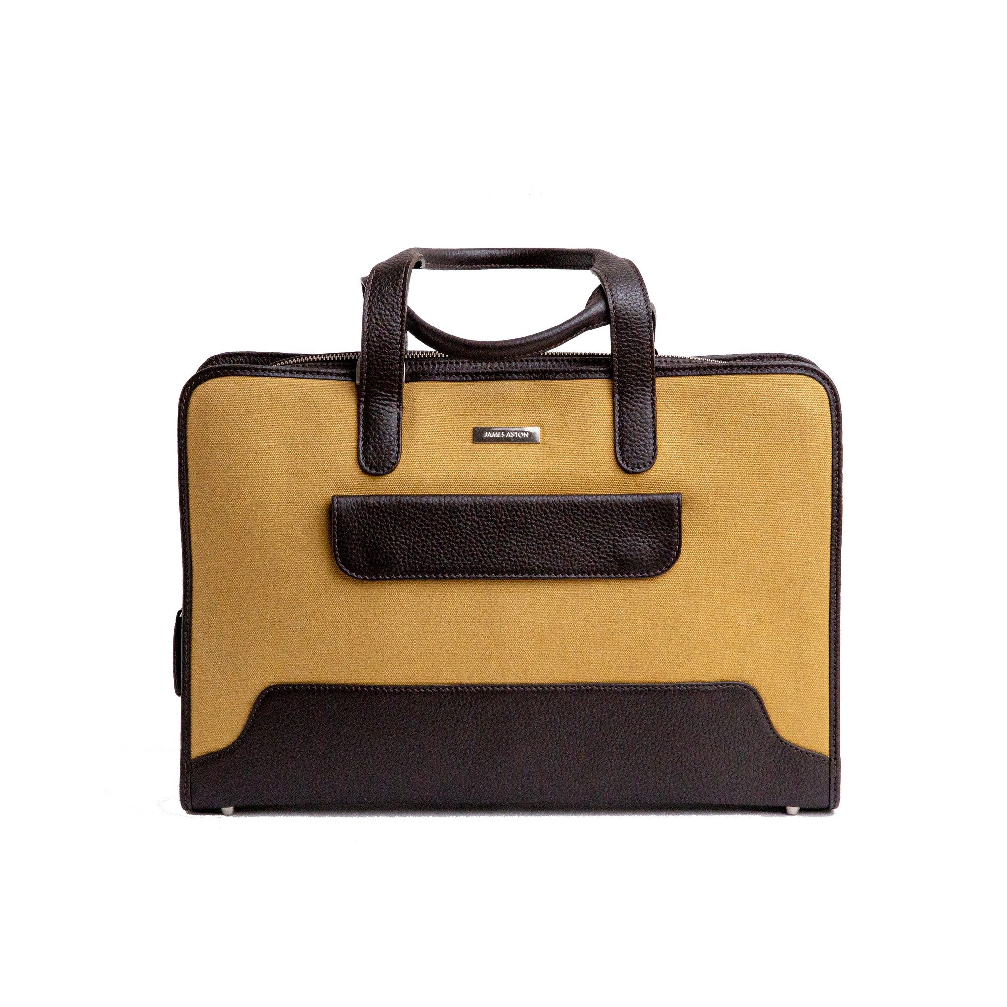The Risk-Taker canvas and Spanish leather briefcase in khaki beige, front view.