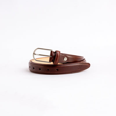 The Santo belt in Australian Nut Italian full grain vegetable tanned Vachetta leather, by James Aston