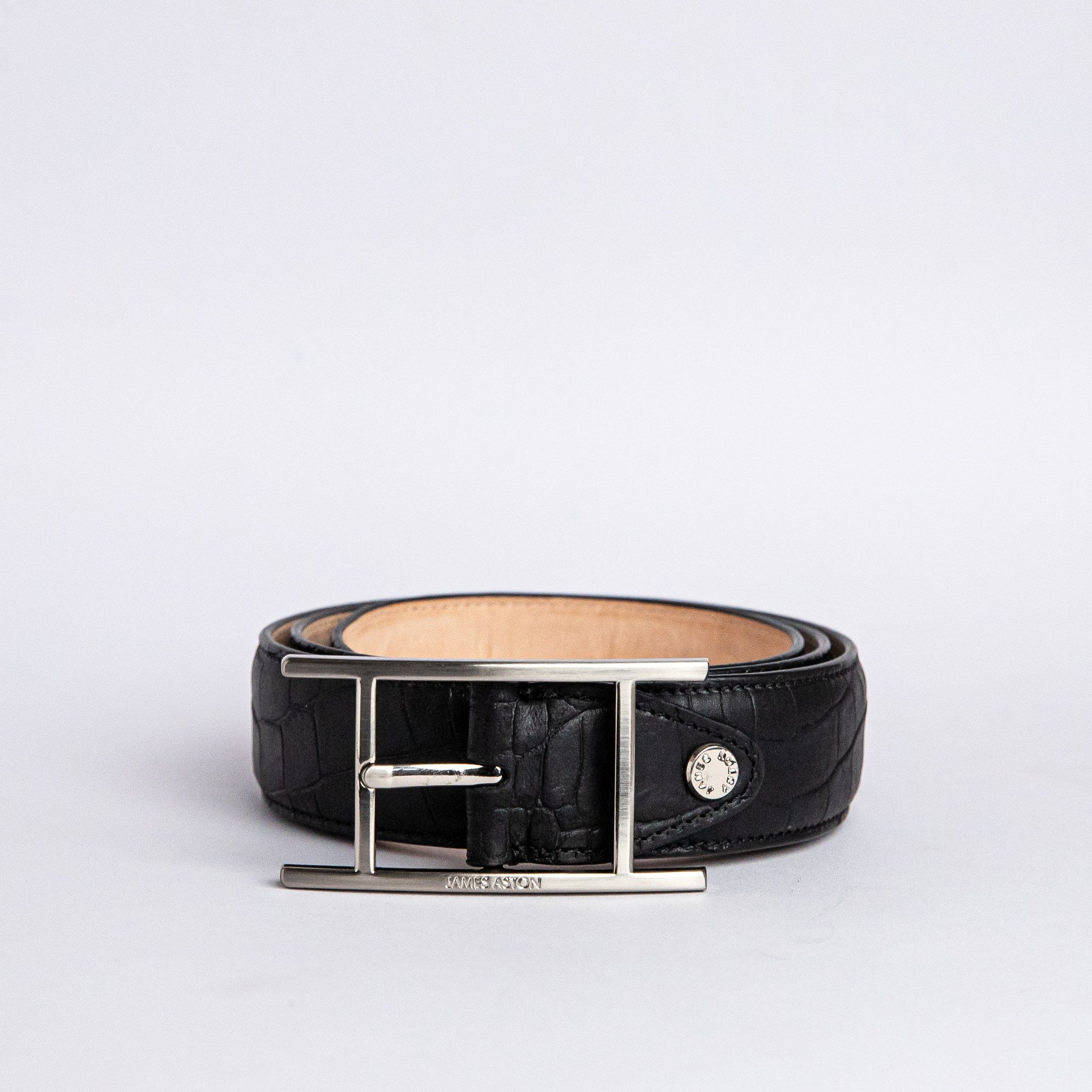 The Vincenzo belt in Black Italian vegetable tanned embossed leather, by James Aston