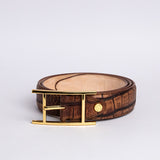 The Vincenzo belt in Cognac Italian vegetable tanned embossed leather, by James Aston