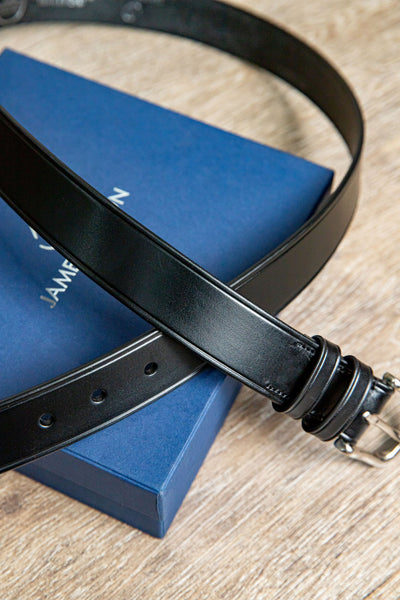 The Walsall in Black, English Bridle leather belt, composed still life