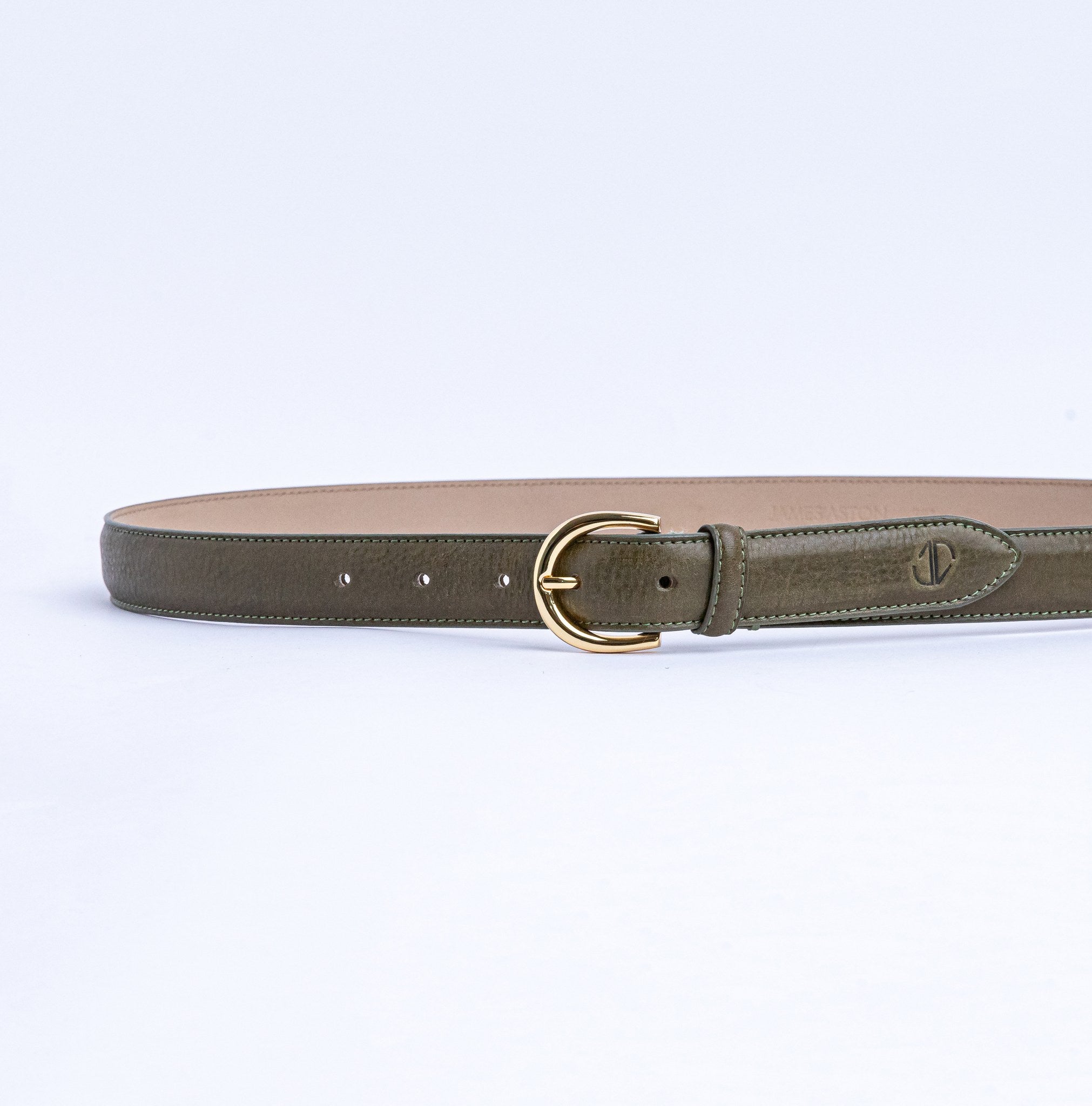 The Viviana dress belt in olive Vachetta leather, full length, with gold buckle.