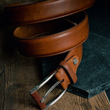 The Federico: A classic Vegetable Tanned Italian Full Grain Leather Dress Belt adorned with a Unique leather-covered Prong Platform Buckle