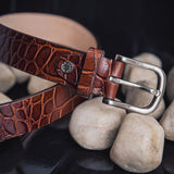32 MM Vincenzo crocodile print vegetable tanned real leather belt of Italian origin