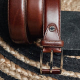 The Federico: A classic Vegetable Tanned Italian Full Grain Leather Dress Belt adorned with a Unique leather-covered Prong Platform Buckle